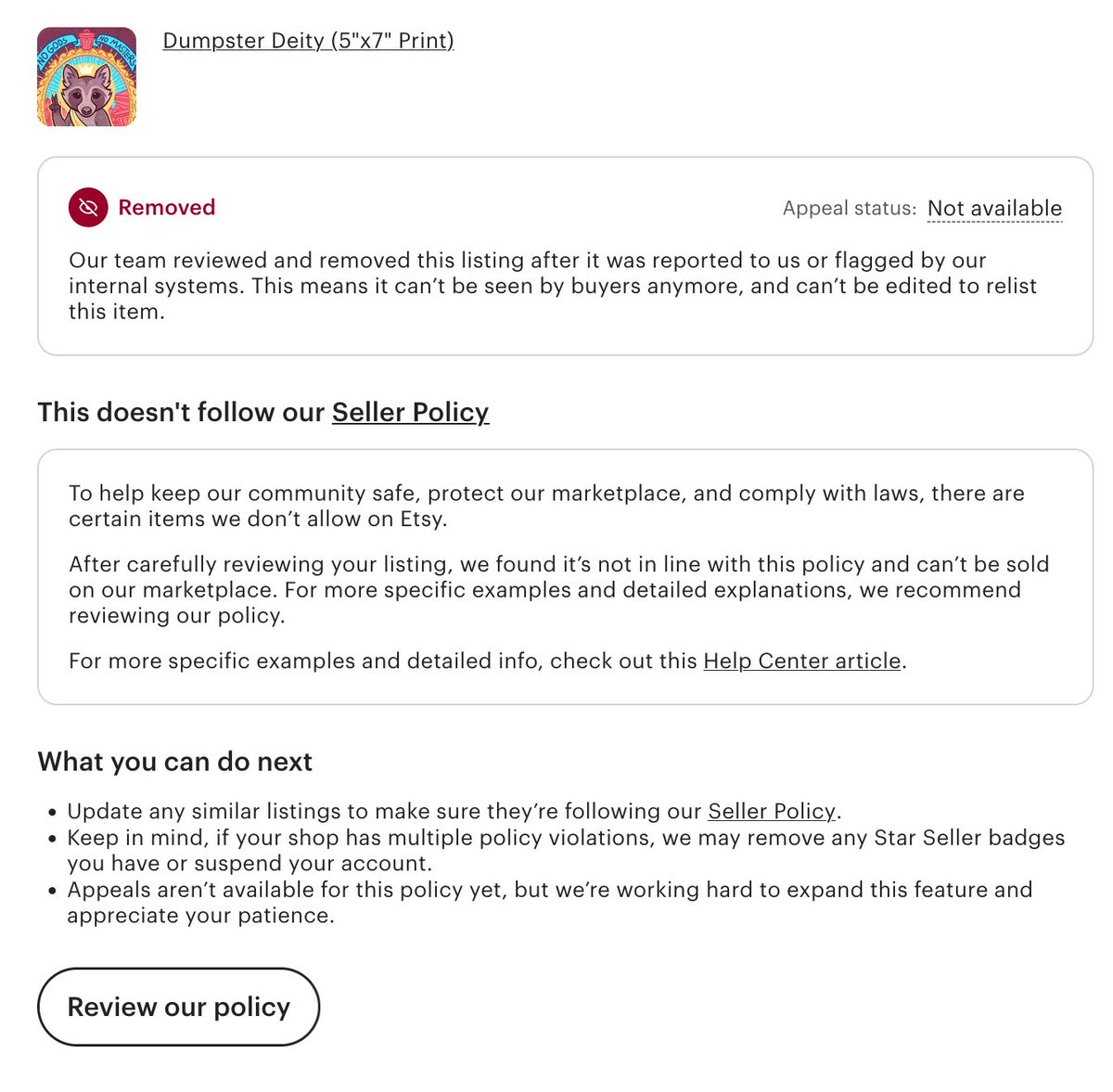 starsalts's tweet photo. It seems that @Etsy's automated system went completely haywire on my account because literally every single listing of mine was marked for violating their seller policy and caused my store to be fully suspended :') Here's hoping an actual human employee looks at this soon !! https://t.co/10YJZ6Xd2F