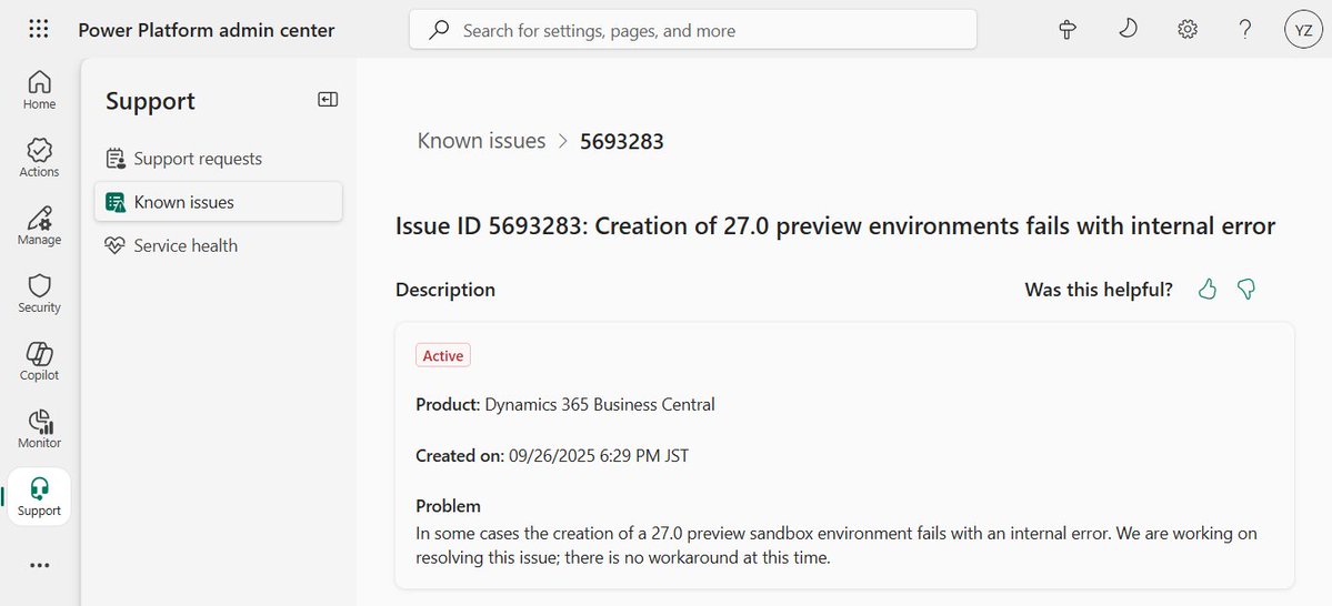 yzhums's tweet image. Business Central known issue: Creation of 27.0 preview environments fails with internal error
More details: admin.powerplatform.microsoft.com/support/knowni…

#Dynamics365 
#Dynamics
#MSDyn365
#MicrosoftDYN365 
#MSDyn365BC
#businesscentral