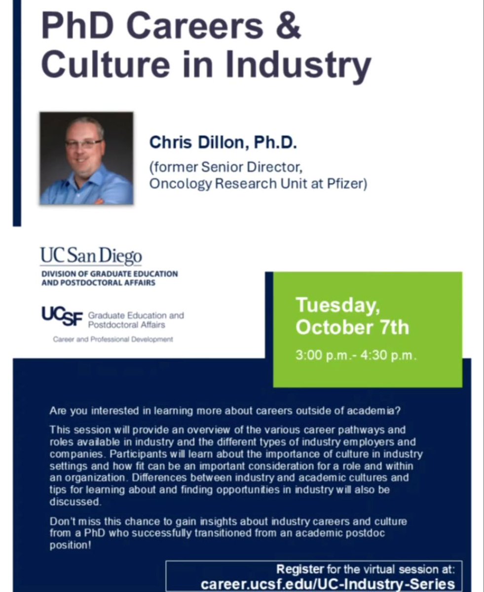 UCSDPDA's tweet image. PhD Careers &amp;amp; Culture in Industry
Tuesday, October 7 on zoom at 3pm
Register by October 6
buff.ly/9JXVHwu

Want to learn about careers outside of academia? This event is hosted by the Division of Graduate Education and Postdoctoral Affairs (GEPA)