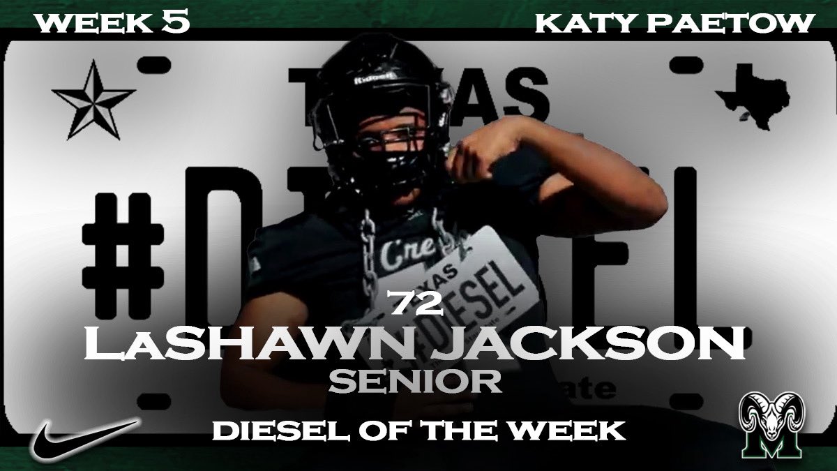 Coach_Piker's tweet photo. The emotional leader of our unit in a big win on Thursday night!
Congratulations to the @MCRamFootball #DIESEL of the Week Award winner, LaShawn Jackson, for his week five performance against Katy Paetow.
#OL #WeAre #CreekMayde #RamTough #Ram3500 https://t.co/uVfPYRVEIT