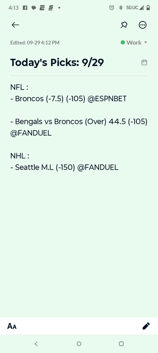 📋 Today’s Picks – Sept 29
🏈 NFL:
Broncos -7.5 (-105) <a href="/ESPNBET/">ESPN BET</a>
Bengals vs Broncos (Over 44.5) (-105) @FANDUEL
🏒 NHL:
Seattle M.L (-150) @FANDUEL
Let’s cash in tonight 🔥💰
•
•
•
#NFL #NHL #SportsBetting #GamblingTwitter #BettingPicks #PicksLaurent