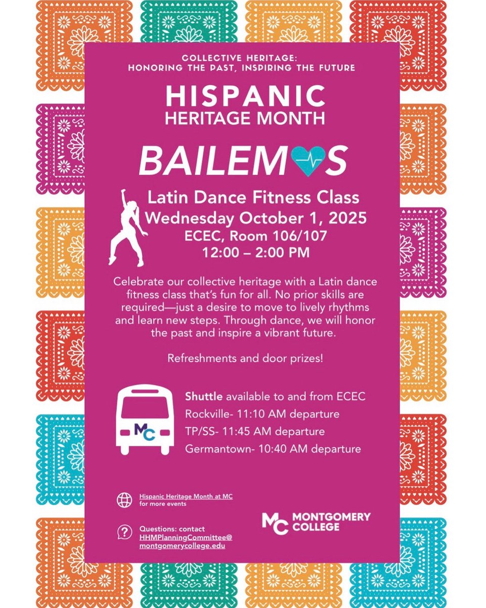 💃🕺 ¡Bailemos!
Join us for a FREE Latin Dance Fitness Class!
📅 Oct. 1 | ⏰ 12–2 PM
📍 East County Education Center
Salsa • Cumbia • Reggaeton • Merengue • Quebradita 🎶
✨ Refreshments + Door Prizes!
No skills needed—just good vibes + movement! 🎉 ⁦<a href="/montgomerycoll/">Montgomery College</a>⁩