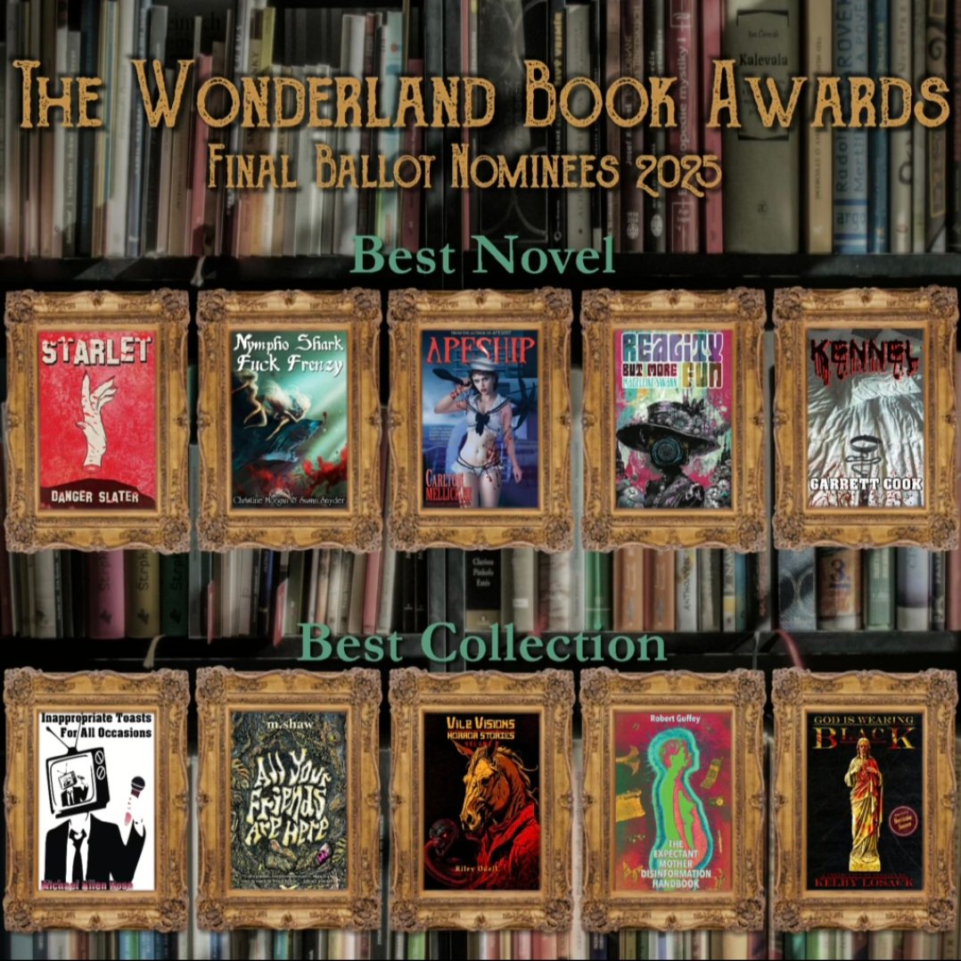 My mixtape GOD IS WEARING BLACK (<a href="/brokenriverbks/">Broken River Books</a>, 2024) has been nominated for the Wonderland Book Award for Best Collection.