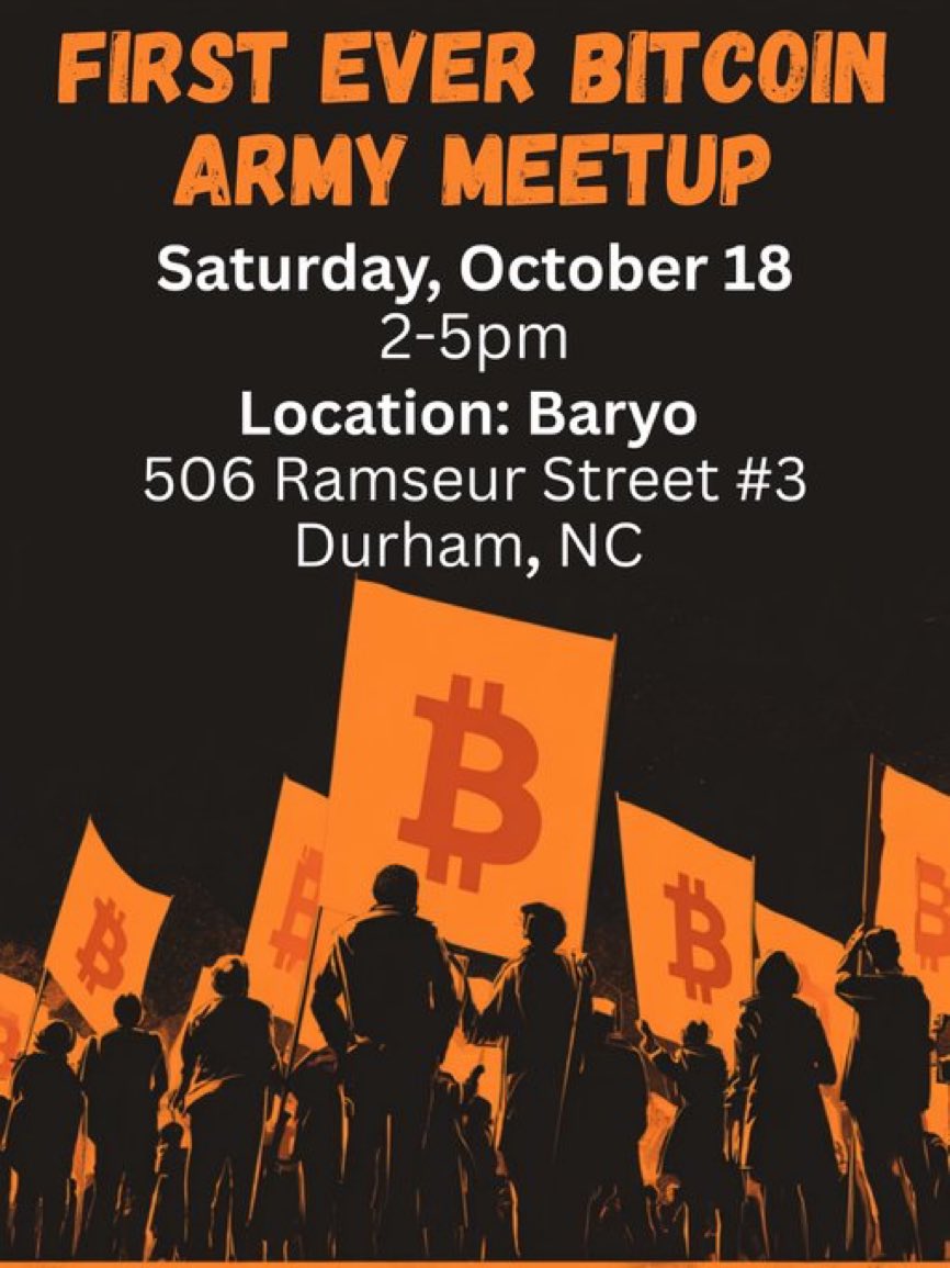 🔥FIRST OFFICIAL BITCOIN ARMY MEETUP🔥

Special Thanks to <a href="/ericporper/">Eric Porper</a> and <a href="/richspuller/">Rich Spuller</a> for offering their Bitcoin business as the meet up spot.

If you’re in the Raleigh/Durham area on the 18th, stop by!  First round of drinks are on me 🍻