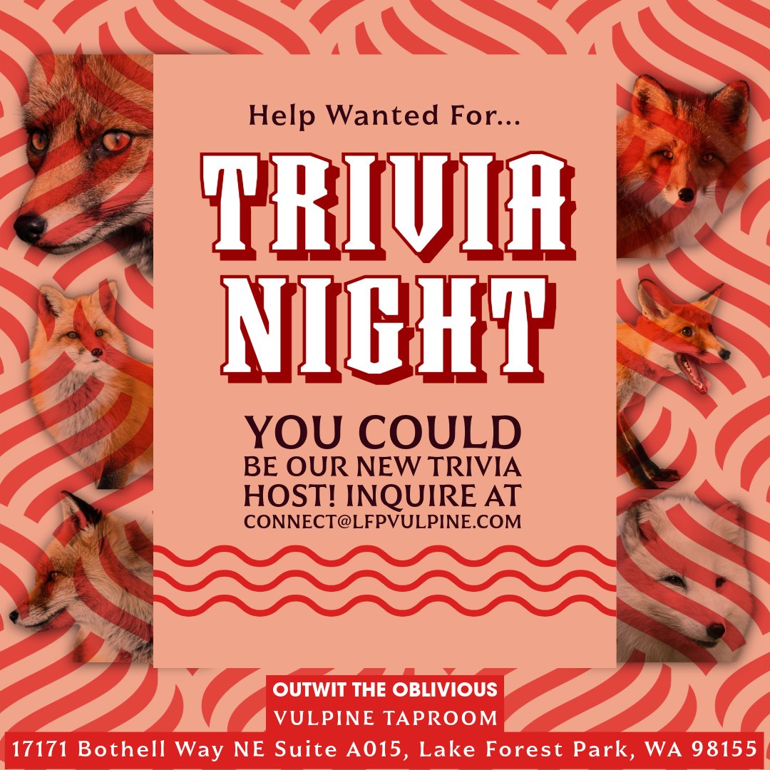 Exciting Opportunity Alert!

We're on the lookout for a new host to lead our Trivia Nights! Could you be the one to bring fun and knowledge to the stage? Don’t miss your chance to shine—reach out to us at connect@lfpvulpine.com today!