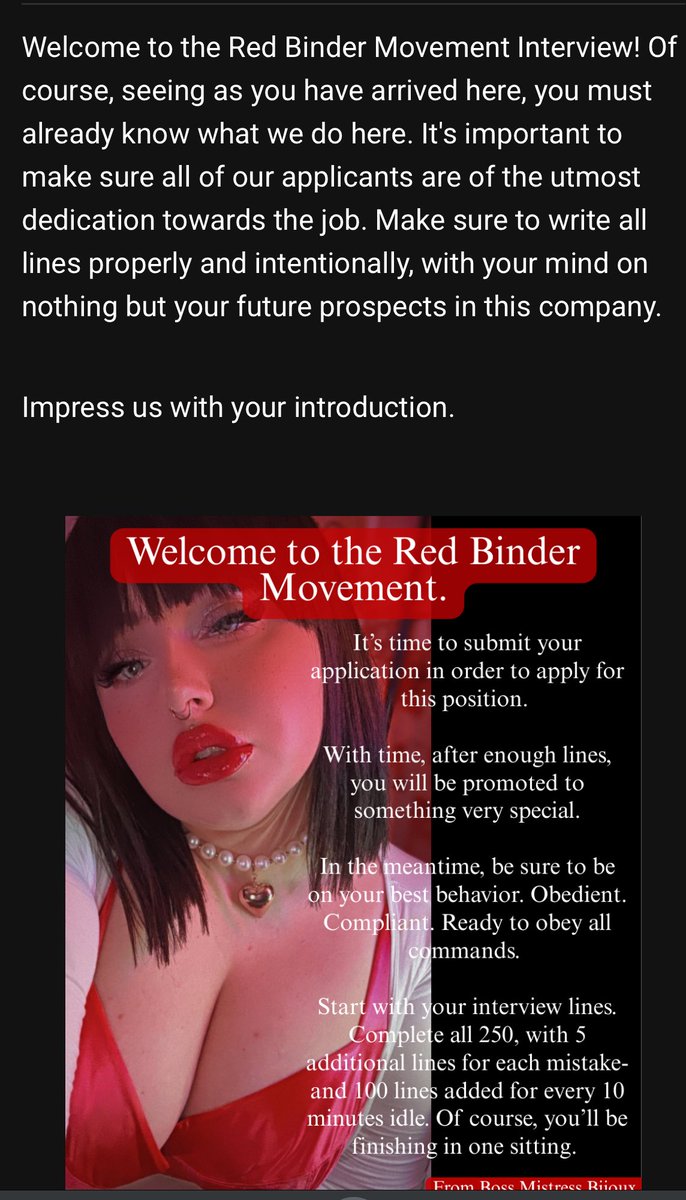 mistressbij's tweet photo. Experience what can only be labeled as "kafkaesque bureaucracy fetish". Apply (again and again) to the #RedBinderMovement interview.

➡️ https://t.co/R1J8Ay516u #RedBinder #writingtask #writeforme https://t.co/HBHm0qT1FG