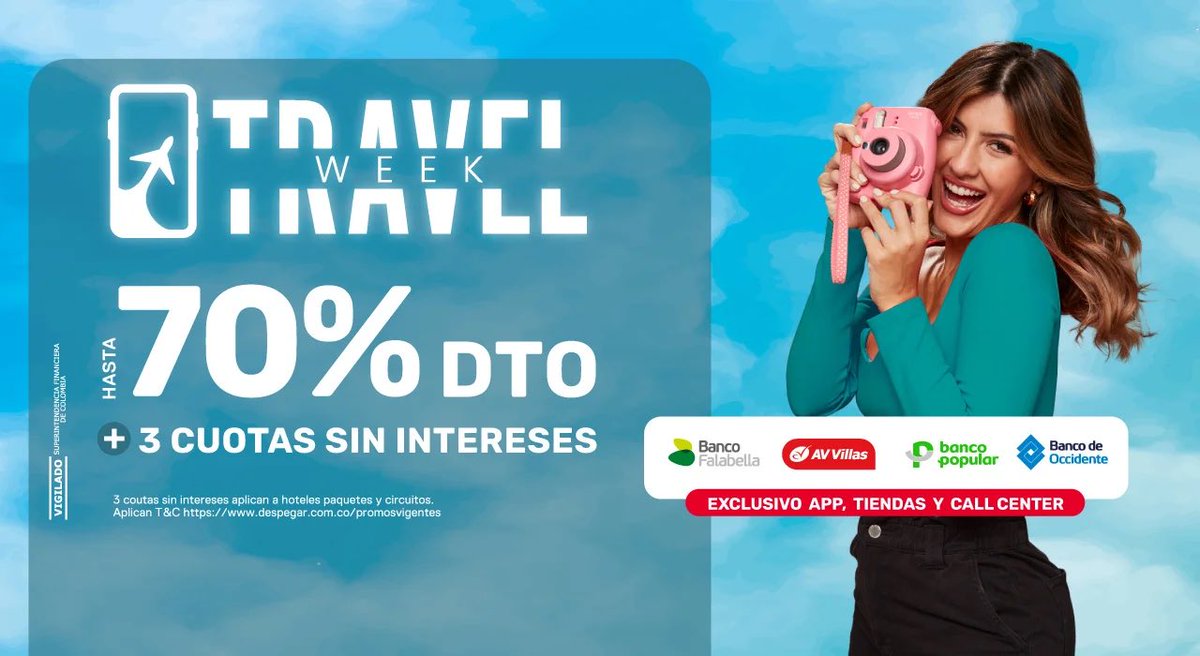 DespegarCo's tweet photo. Llegó el #TravelWeek Despegar 🌎🔥
descuentos de hasta 70% 💸
pagos en 3️⃣ cuotas sin intereses 💳✨
y cupones de hasta 1️⃣ millón de pesos en hoteles 🏨 y paquetes 🏝️
https://t.co/qj99K2csWb https://t.co/JxTMecTPXD
