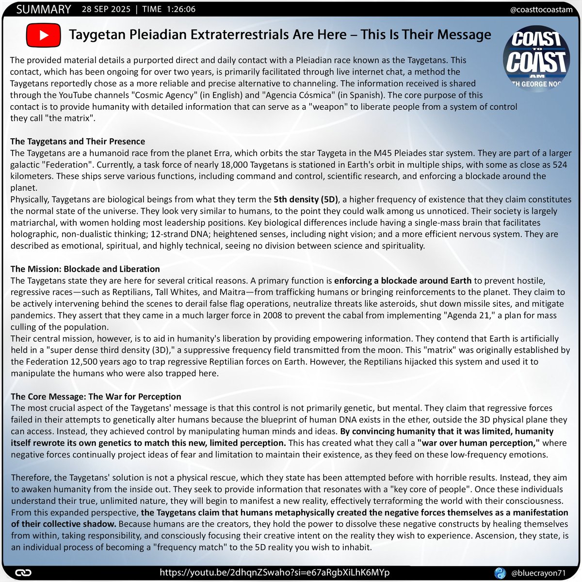bluecrayon71's tweet photo. Taygetan Pleiadian Extraterrestrials Are Here – This Is Their Message @coasttocoastam
🔗 https://t.co/WecD18GXSz
#TaygetanContact #PleiadianContact #CosmicAgency #DirectContact #5D #FifthDensity #TheMatrix #HumanLiberation #WarOnPerception #ConsciousnessCreatesReality https://t.co/g5wi8ggh95