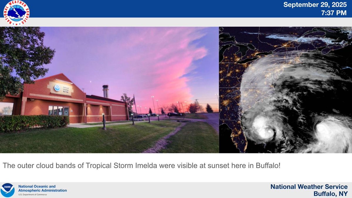 NWSBUFFALO's tweet photo. The outer cloud bands of Tropical Storm Imelda were visible at sunset here in Buffalo! https://t.co/LeFlSTA11F