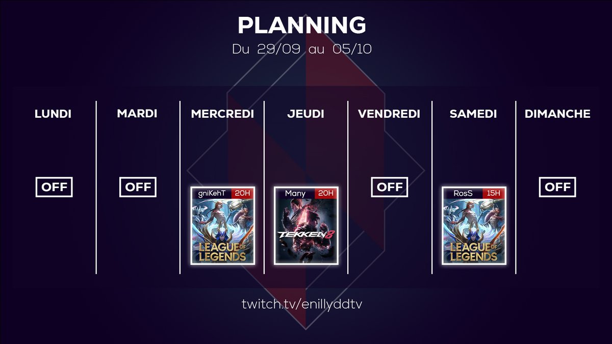 EnillyddTV's tweet photo. 🗓️Planning du 22 au 28 septembre !
C'est reparti pour une semaine de stream !
👾 Suivez nous sur Twitch : ttv/enillyddtv
-
📅 01/10 : gniKehT - League of Legends
📅 02/10 : Many - Tekken
📅 01/10 : RosS - League of Legends
#ENLD #LeagueOfLegends #Tekken8 #twitch https://t.co/woptIIqyUY