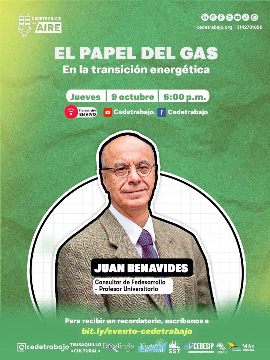 🚨 𝗘𝗩𝗘𝗡𝗧𝗢 | EL PAPEL DEL GAS - En la #TransiciónEnergética.

✅ Una charla con Juan Benavides, Ph.D. en Mineral Economics y especialista en gestión de sistemas energéticos.

🗓️ Jueves 9 de octubre.
⏰ 6:00 p. m.
💻 Míralo en youtube.com/live/MxvDqodZe…

📌 ¡No te lo pierdas!