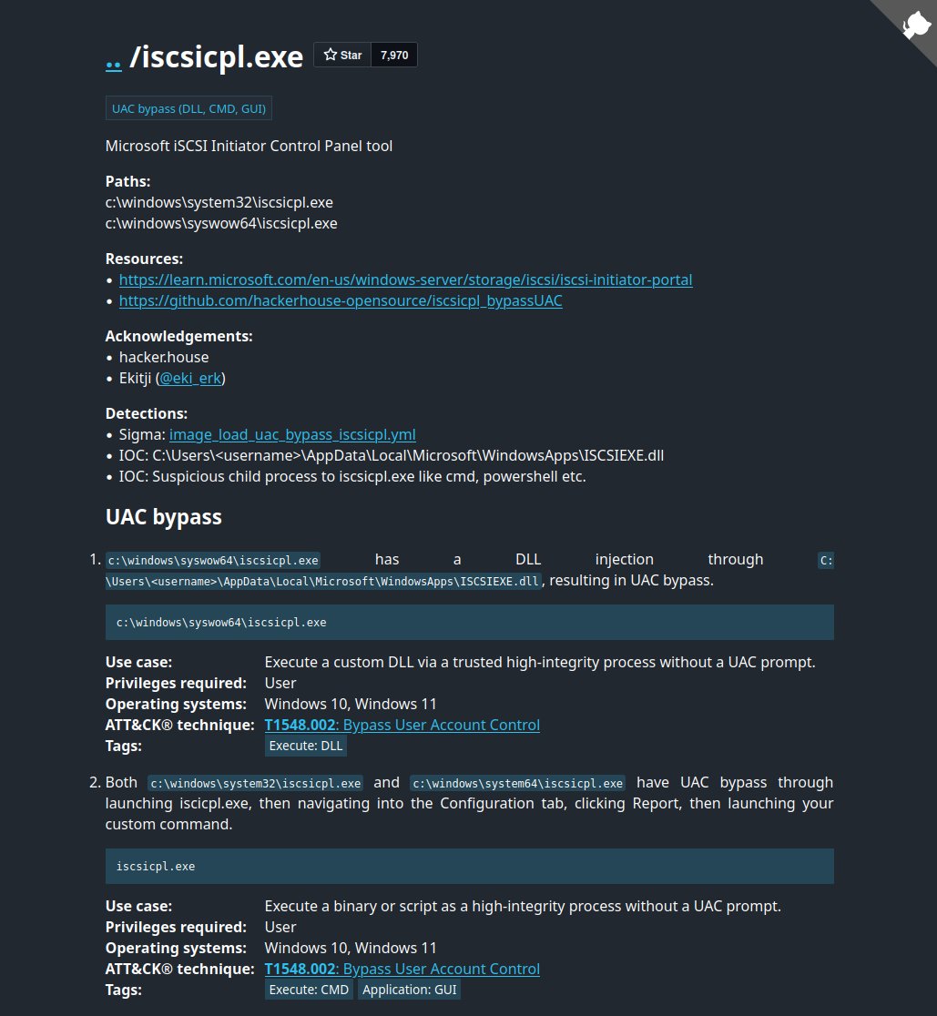 Wietze's tweet image. 🆕Recent additions to LOLBAS-Project.github.io:

• iscsicpl.exe for DLL exec+UAC bypass
• eudcedit.exe for UAC bypass
• reset.exe/change.exe/query.exe for proxy exec
• pixtool.exe/applauncher.exe/mpiexec.exe for dev tool proxy exec

⭐Nearly 8,000 GitHub stars - thank you all!
