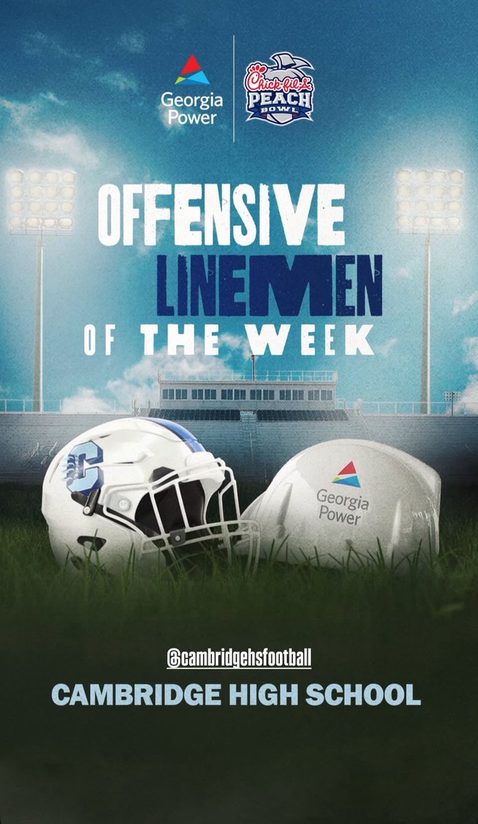 Thank you <a href="/CFAPeachBowl/">Chick-fil-A Peach Bowl</a> for the notice. The guys up front put in work like no other. It’s not possible without us. Jobs not finished.<a href="/CoachMorgan63/">Blake Morgan</a> <a href="/CoachDeWeese/">Pete DeWeese</a> <a href="/CoachJones_CHS/">Tyler Jones</a> <a href="/CambridgeHS1/">Cambridge High School</a> <a href="/Cambridge_AD/">Cambridge Athletics</a> <a href="/CHSBears_FB/">Cambridge HS Football</a>