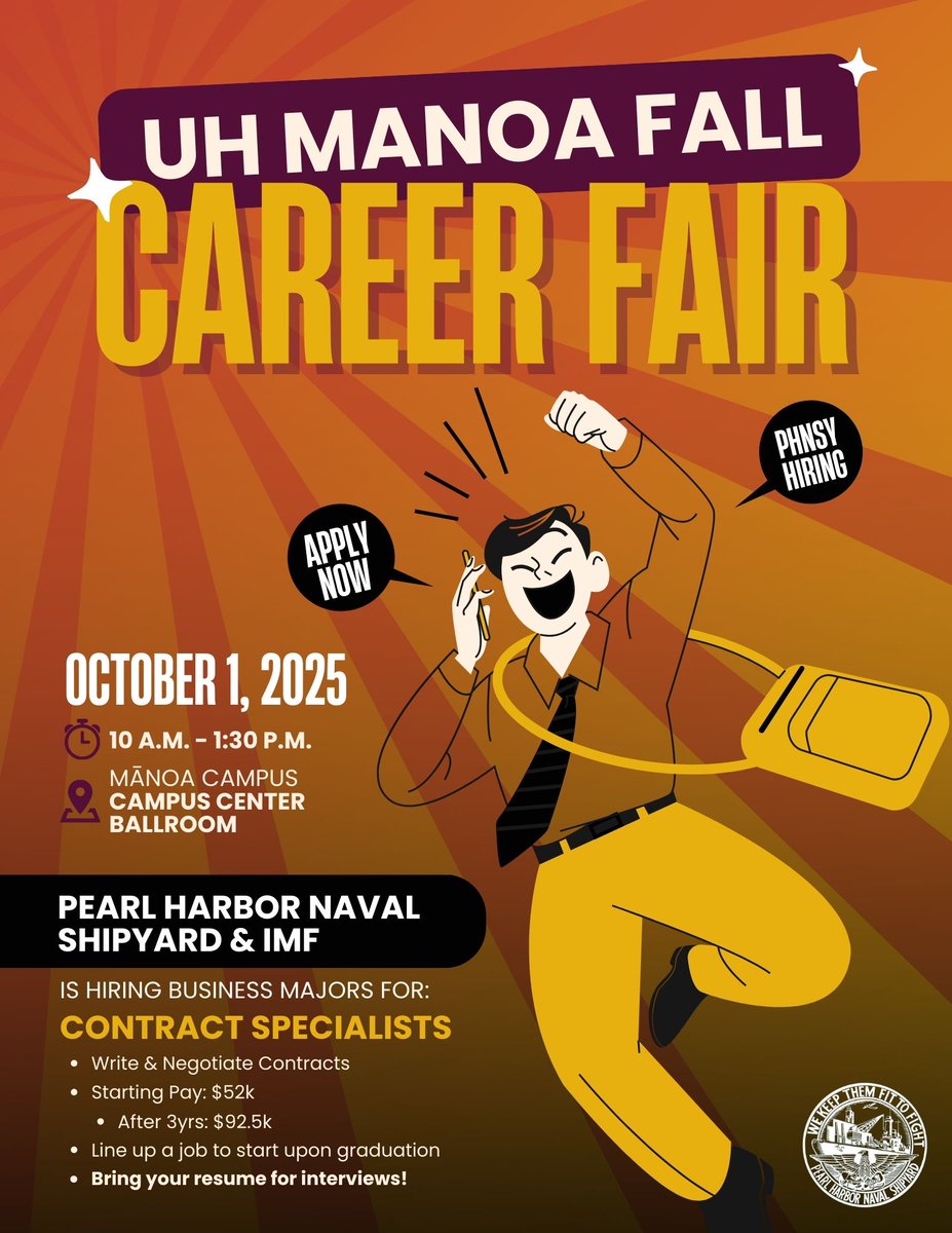 THIS WEEK is the Fall Career Fair!
Oct. 1 | Wed.
10 a.m. - 1:30 p.m.
Mānoa Campus' Center Ballroom

See you at @uhmanoa's event, visit #PHNSYIMF's booth to network &amp; connect.

Bring your resume if you're interested in joining the #NoKaOiWorkforce!

https://t.co/KN8IcnRWud https://t.co/ywrgW9LO0i