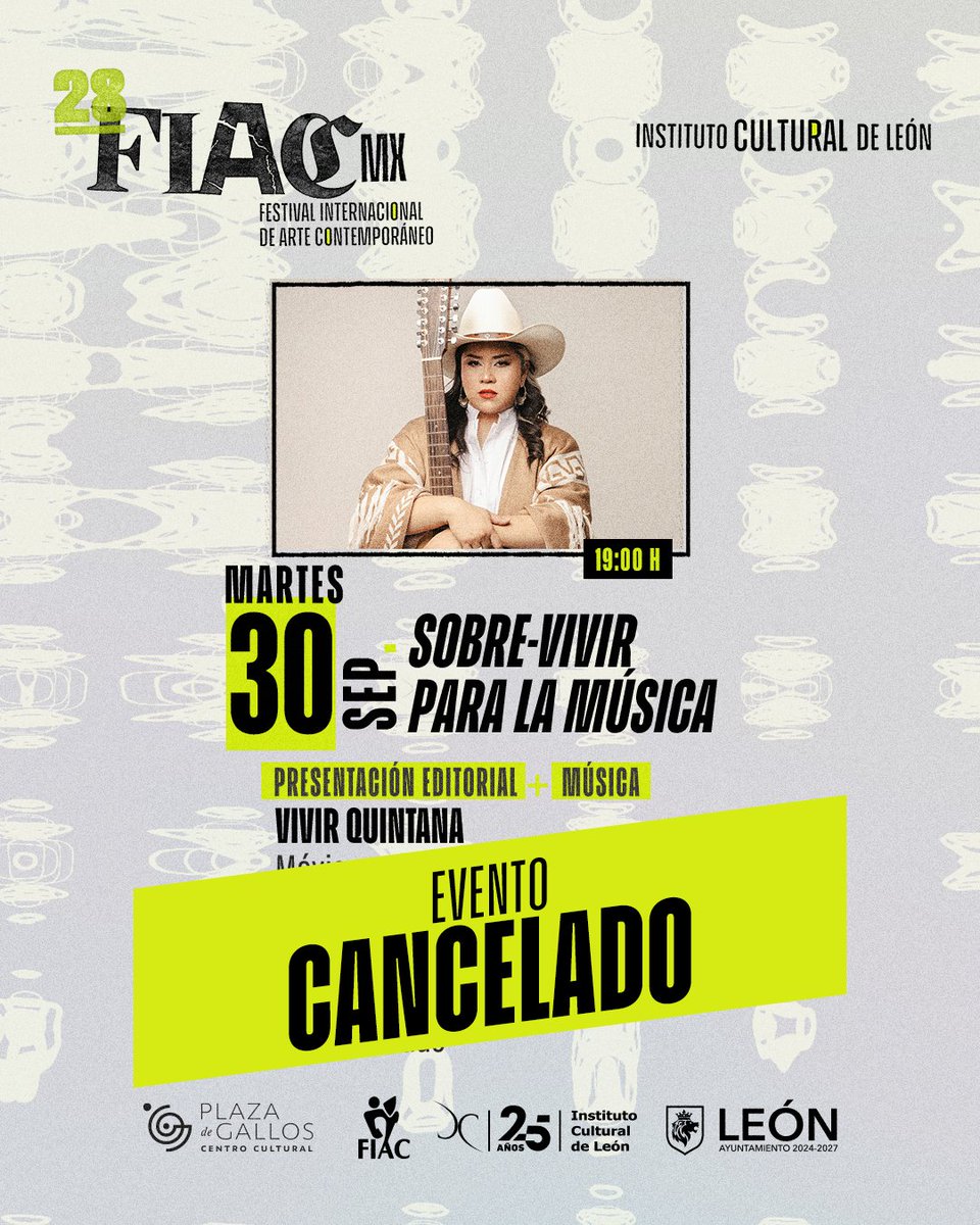 🚨ANUNCIO🚨

Priorizando la salud de la artista y conscientes de la situación, la presentación de Vivir Quintana en Plaza de Gallos, de este martes 30, se cancela.

Agradecemos su comprensión y les esperamos en el resto de las actividades del #28FIACmx.
➡️ bit.ly/28FIACmx