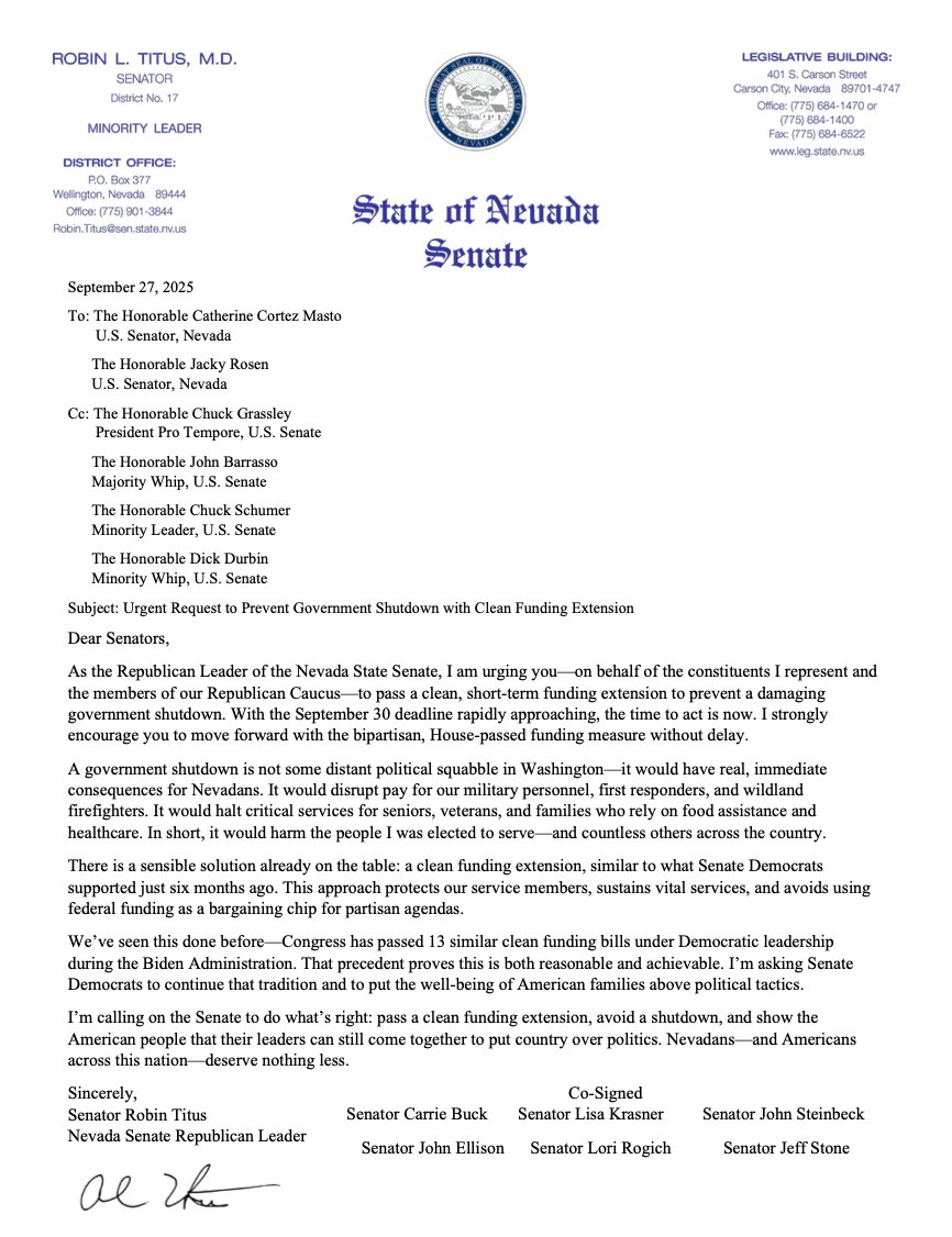 MiniRacker's tweet image. NEW: In letters exclusively obtained by the Indy, Nevada GOP state legislators—including leaders @drrobintitus & @GHafenII & #NV01 candidate @CarrieBuck4NV—urge Senate leadership & the NV senators to pass the clean funding extension backed by the House GOP and prevent a shutdown.