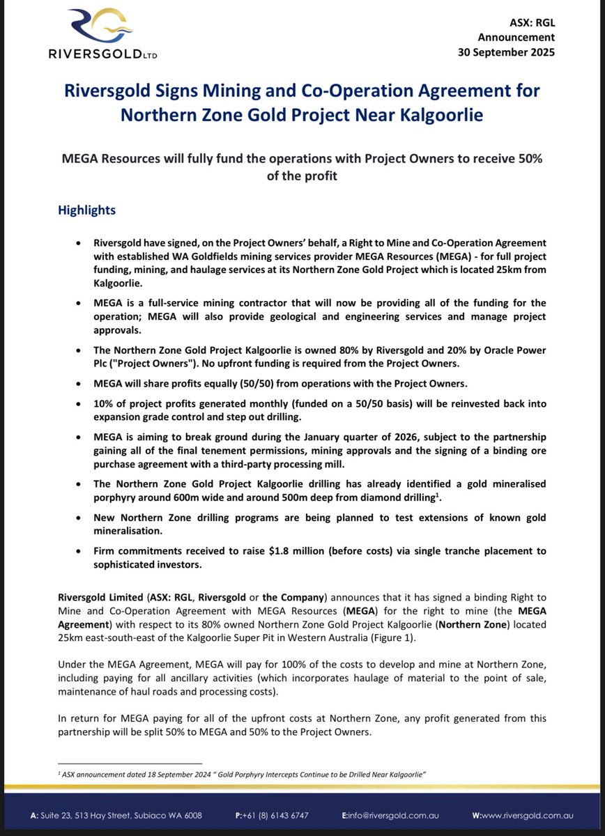 ausstockchick's tweet image. Huge news from $RGL this morning!
@Riversgold_Ltd has signed a Right to Mine & Co-Operation Agreement with MEGA Resources for its Northern Zone #Gold Project, 25km from Kalgoorlie.
MEGA will fully fund the project, provide mining, haulage, geology, engineering & manage…