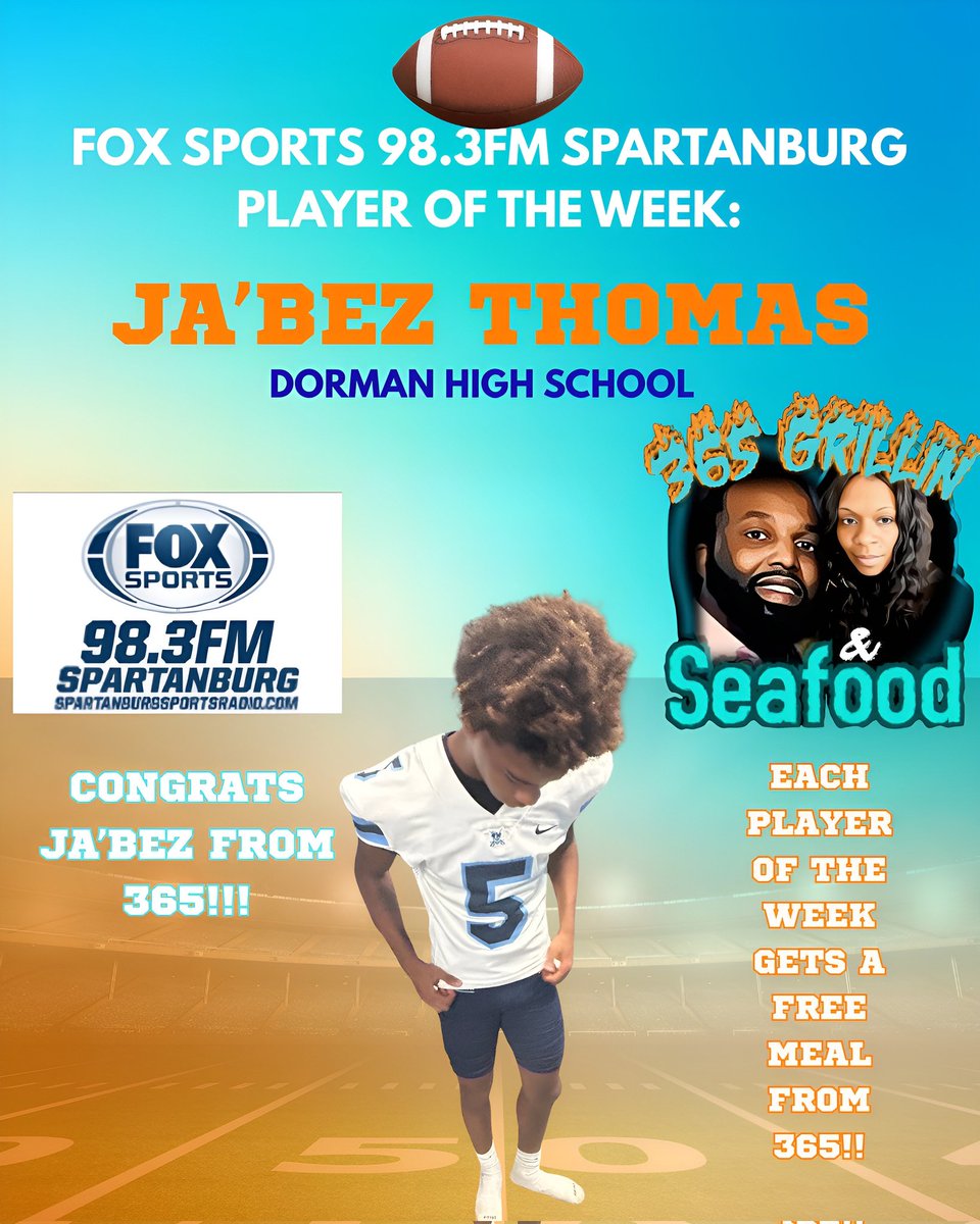 CONGRATS TO <a href="/Rockouttbez/">Ja'bez Sincere Thomas</a> FOR BEING <a href="/Spartanburg1400/">Fox Sports Spartanburg 98.3FM</a> PLAYER OF THE WEEK!! <a href="/DormanFootball/">⚔️Dorman Football⚔️</a> <a href="/DormanAthletics/">Dorman Athletics</a> <a href="/coachmorrisDHS/">Jake Morris</a>
