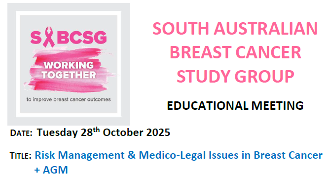 sabcsg's tweet photo. Our next Educational Meeting (&amp; AGM) is Tues 28/10/25, “Risk Management &amp; Medico-Legal Issues in Breast Cancer”. Speakers Dr Tonia Mezzini (Sexual Health Physician), Dr David Walsh (Breast, Endocrine and General Surgeon), and Renee Brown (Associate, Avant Law Civil Claims SA). https://t.co/KzMDfzRj2p