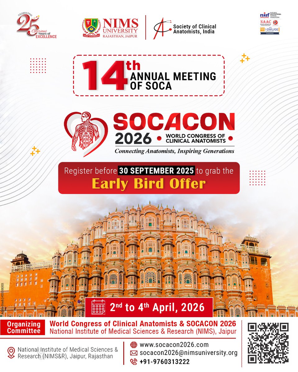 🌟 *Last Day Alert – Save ₹1000 on Early Bird Registration!* 🌟
*SOCACON 2026: World Congress of Clinical Anatomists | JAIPUR*

Big news for every anatomist in India! The world’s top clinical anatomists are coming to us.

 No need to travel abroad—this time, they’ll be right