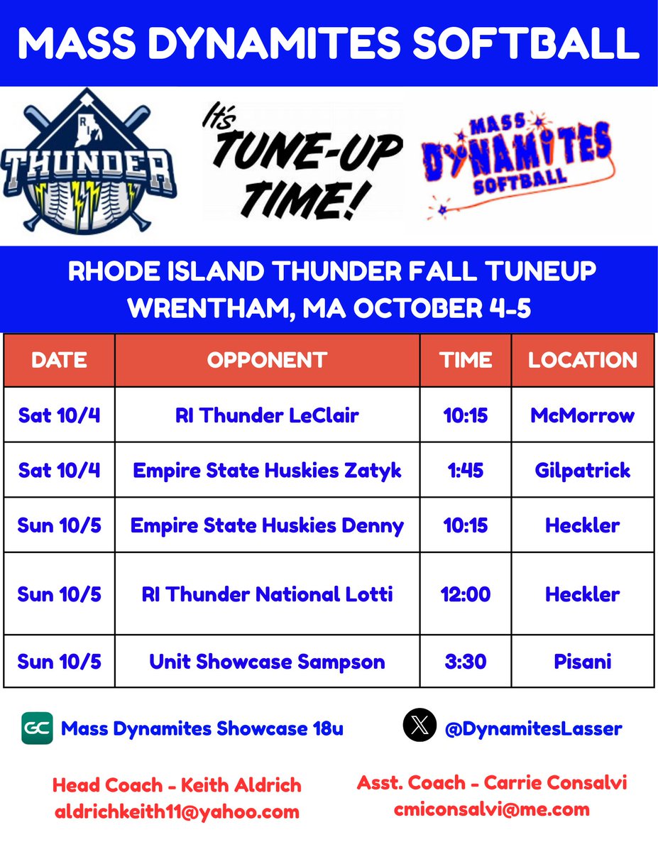 Had a fun time on Saturday with our 16u team! I went 5-7 batting .635 on the day. I also worked different parts of the zone and mixing in spin/speed pitches. This weekend my team and I will be playing in the Fall Tuneup! Here is our schedule⬇️❤️💙 <a href="/cmiconsalvi/">Carrie Consalvi</a> <a href="/KeithAldrich12/">Keith Aldrich</a>