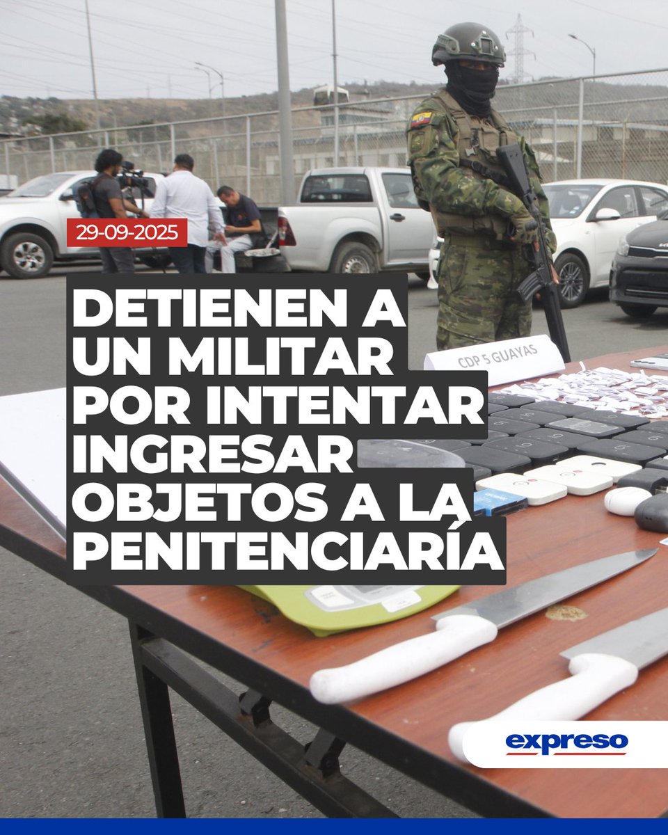 Expresoec's tweet photo. Este lunes 29 de septiembre, personal de seguridad acudió a la Penitenciaría del Litoral por un intento de ingreso de objetos prohibidos. Un militar fue aprehendido durante la investigación.

Más detalles: https://t.co/lNt1h0zUoM https://t.co/wl2gJVcZ9J