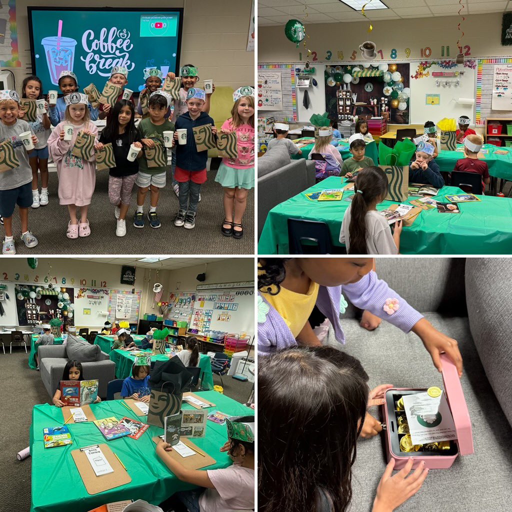 clwesson's tweet photo. 🍪📚 Starbooks Day! 📚🍪
We sampled nonfiction in a cozy book tasting, munched chocolate-chip cookies for writing inspiration, and teamed up in math to crack the code &amp; open the “register.”
Learning never tasted so sweet! #2ndGrade #BookTasting #MathFun @HumbleISD_HHE https://t.co/px2bsExfDb