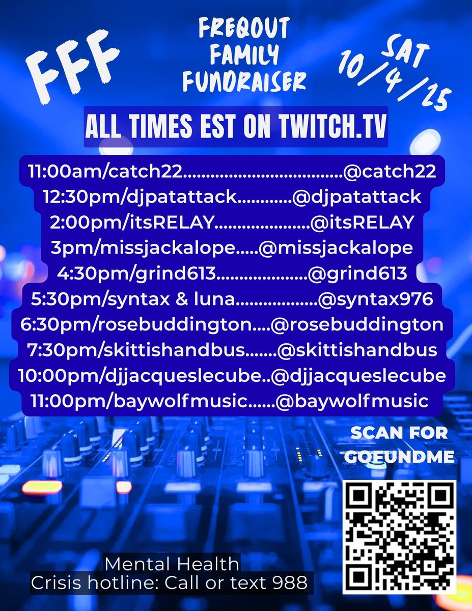 medus4_cdc's tweet image. I&apos;m so excited to share this awesome day of music for an amazing cause: big thanks to @syntax976 and everyone volunteering their time to help Freqout and his family!!
Tune in and help a hacker family in need!