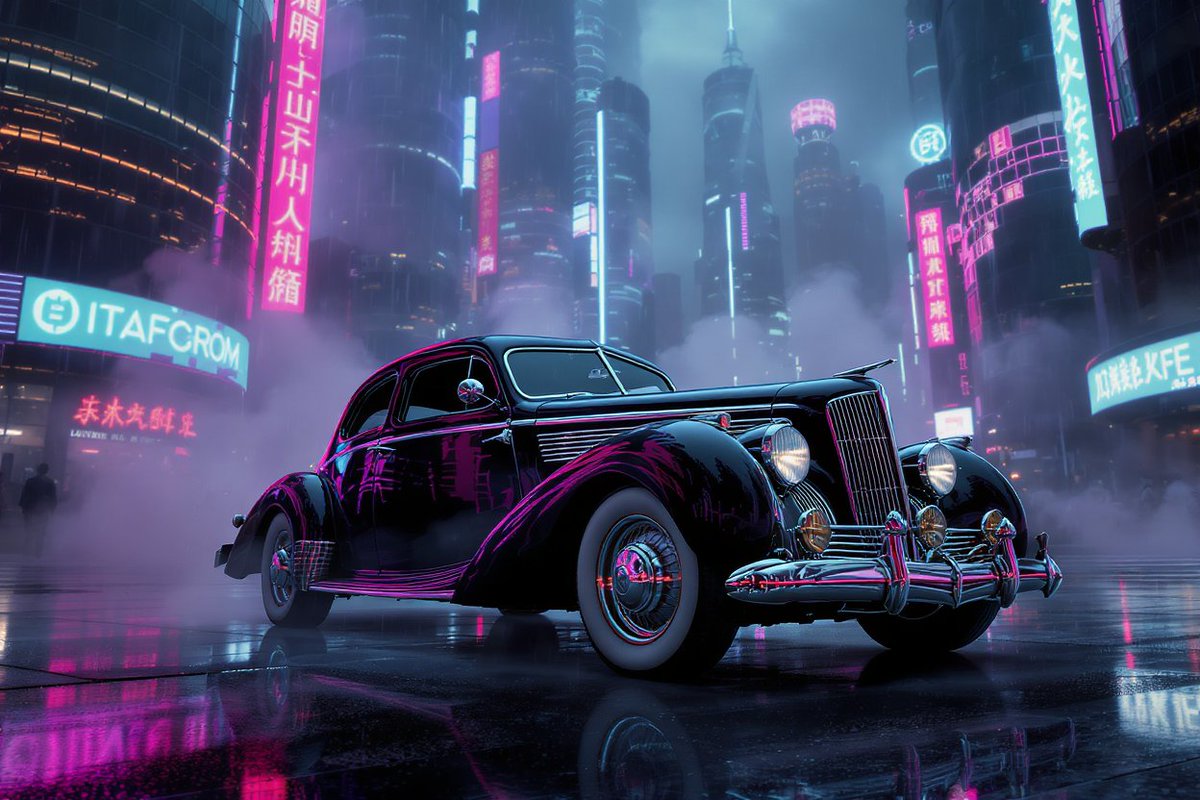 PromptSin's tweet image. Drive into the future with style — embrace the neon glow ✨🚗 #CyberpunkVibes #RetroFuturism