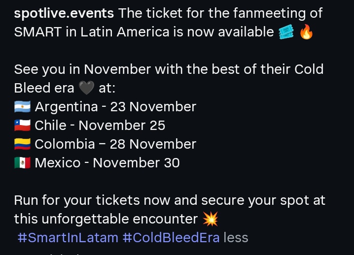 smartcsnpPhFC's tweet photo. TICKETS FOR CALL ME CSNP LATAM TOUR ARE NOW ON SALE!

🎟️ GENERAL EVENT TICKET SALE LINKS:

🇨🇴 Colombia
https://t.co/0o8LfbodWn

🇲🇽 Mexico
https://t.co/zz8s3FOuU1

🇨🇱 Chil
https://t.co/hUjYDVCLaw

🎟️ BENEFITS TICKET SALE LINK:
https://t.co/1u16BRjpJD

@smart_csnp
#smartcsnp
#CSNP https://t.co/eKOstzm2u4