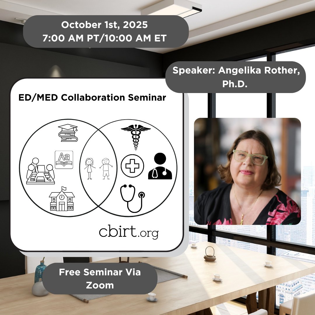 CBIRTonline's tweet photo. Join us this Wednesday October 1st for the next CBIRT Education/Medical (ED/MED) Collaboration Seminar Series! 

This free, hour-long seminar via zoom will feature Angelika Rother, Ph.D. 

Angelika is a researcher and teacher at the University of Oldenburg, Germany, specializing in language and communication in Special Education. With a career spanning from her early studies in Speech Language Therapy in Erlangen-Nuernberg to her doctorate in pediatric aphasia in Fribourg, she has combined teaching, research, and international collaboration. A pioneer in the academization of Speech Language Therapy in Austria, her work focuses on pediatric aphasia, developmental language disorders, and advancing the field across Europe.

This hour-long seminar includes a 30-minute presentation followed by a live Q&A—an invaluable opportunity for educators and medical professionals to connect and learn strategies to better support students with brain injuries.

Join in for a great chance to collaborate and discover new perspectives!

Register for the full Series using the following link: https://t.co/csPNjNKqMb

This session will not be recorded.