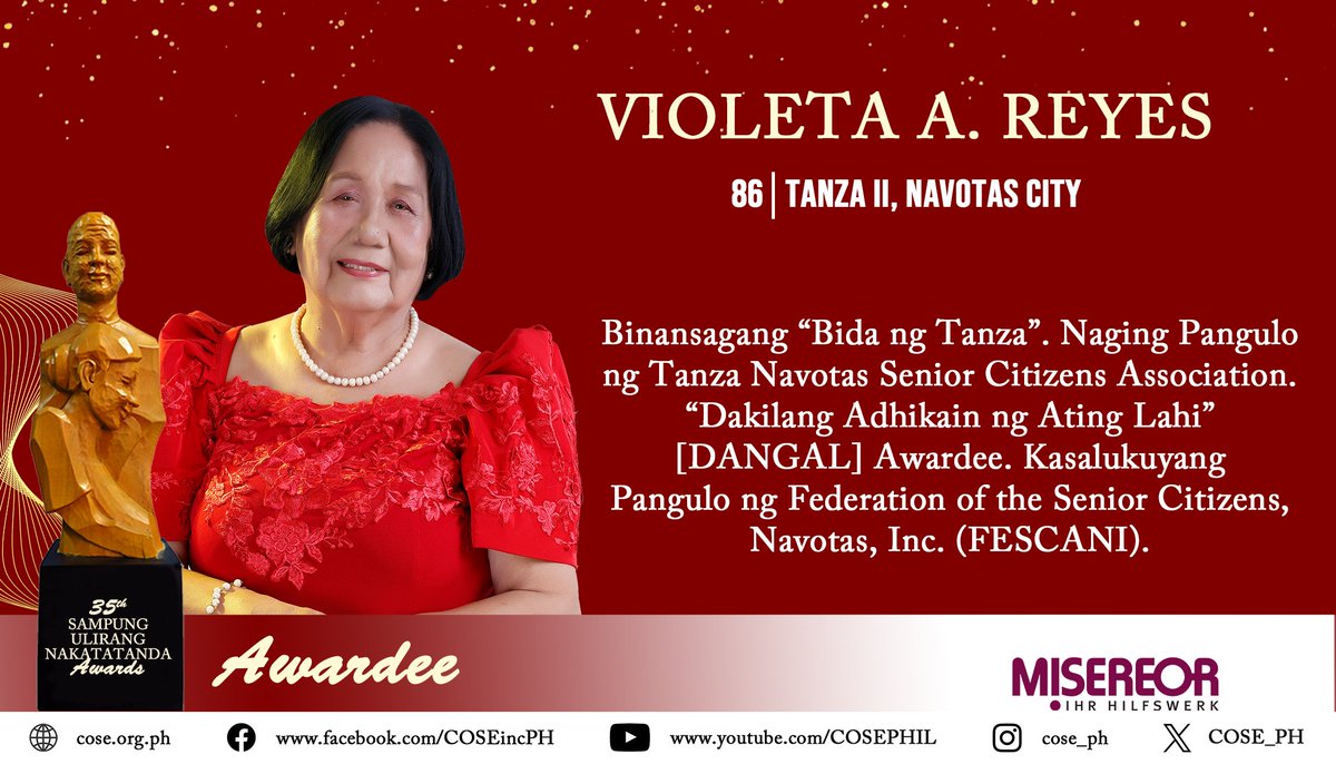 Kilalanin natin si Gng. Violeta A. Reyes o Nanay Violy, isa sa 35th Sampung Ulirang Nakatatanda (SUN) Awardees.

Pasasalamat, pagpupugay, at pagkilala kay Nanay Violy at sa lahat ng 35th SUN Awardees!

#SampungUlirangNakatatandaAwards2025
#COSEisProOlderPersons