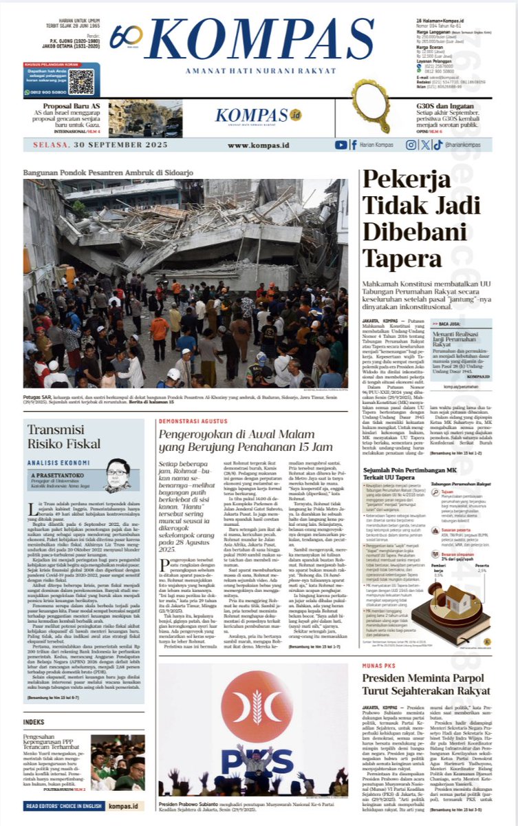 Selamat pagi Sahabat Kompas. Foto bangunan pondok pesantren ambruk di Sidoarjo jadi foto utama. Petugas SAR, keluarga santri, dan santri berkumpul di dekat bangunan Pondok Pesantren Al-Khoziny yang ambruk, di Buduran, Sidoarjo, Jawa Timur, Senin (29/9/2025). Sejumlah santri