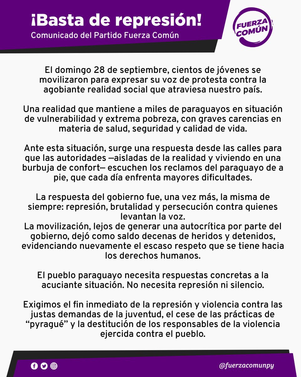 FuerzaComunPy's tweet photo. Aunque ya fueron liberadas las personas detenidas, no olvidamos la brutalidad ni el atropello a los derechos humanos. Nuestra lucha continúa por un Paraguay más justo y sin miedo.

#SomosFuerzaComun https://t.co/26NjwxchJ8