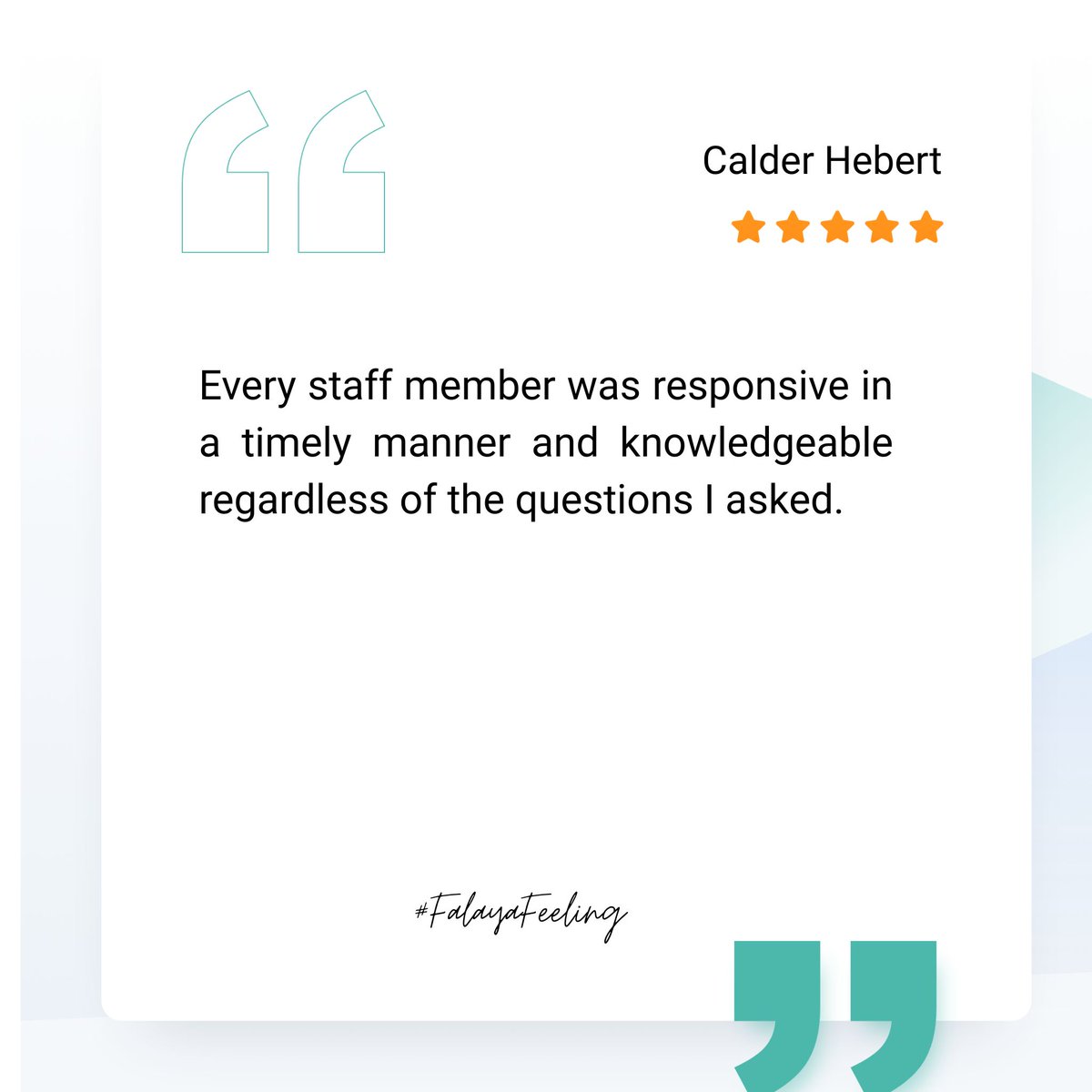 ⭐️ Client Review Spotlight ⭐️

“Every staff member was responsive in a timely manner and knowledgeable regardless of the questions I asked.”

Sometimes the simplest reviews say it best. 

#Falaya #ClientReview #HappyClients #SmartSelling #FlatFeeMLS