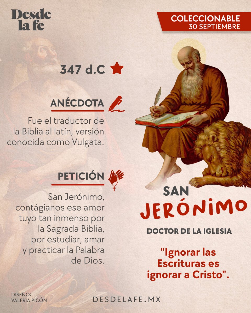 DesdeLaFeMx's tweet photo. 📖💡 30 de septiembre, celebramos a San Jerónimo. 

🖋️ Traductor de la Biblia del hebreo y griego al latín, amante de los libros y las lenguas. Gracias a él, la Palabra de Dios llegó a millones de personas. 🙏 
https://t.co/qb7myCickL https://t.co/CF9BoXJEfS