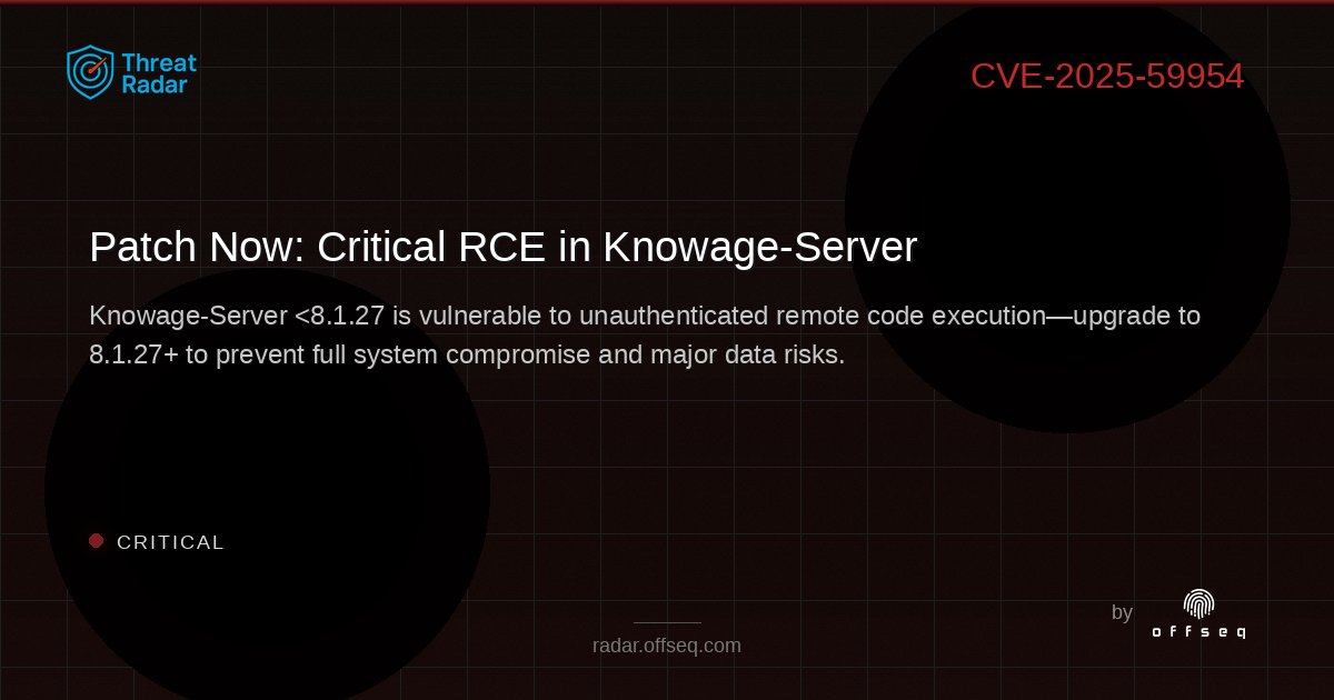 offseq's tweet image. 🚨 CRITICAL RCE in Knowage-Server (&amp;lt;8.1.27)! Remote attackers can execute code via unsafe JXPathContext use. Patch to 8.1.27 ASAP to protect your analytics data. radar.offseq.com/threat/cve-202… #OffSeq #Knowage #RCE