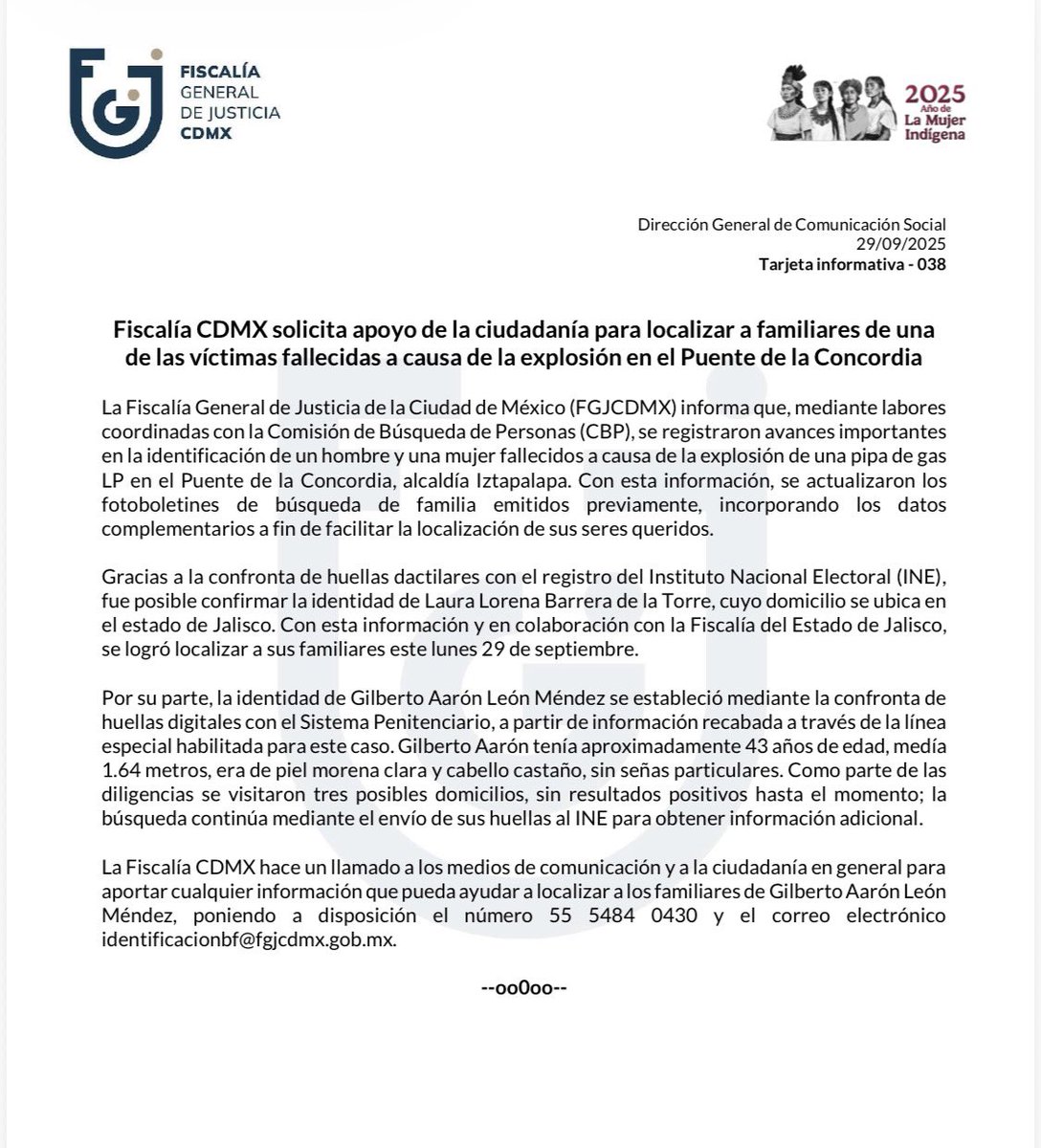 #SeBusca a la familia de Gilberto Aarón León Méndez, una de las víctimas fallecidas, tras el accidente en el Puente de La Concordia.  

“Se estableció mediante la confronta de huellas digitales con el Sistema Penitenciario, a partir de información recabada a través de la línea