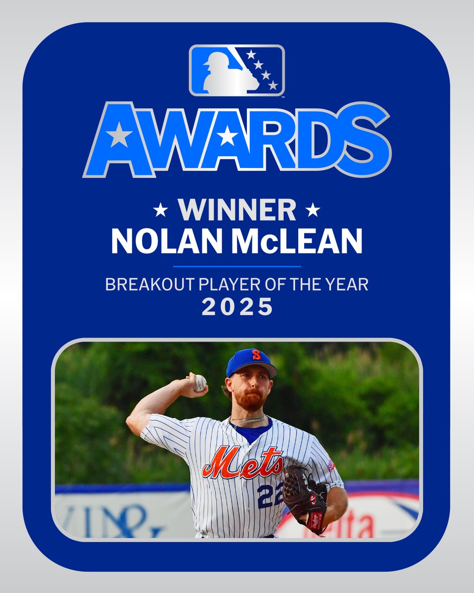Call it a breakout! 🔥

#Mets No. 3 prospect Nolan McLean is the Breakout Player of the Year!

After starting the season off @mlbpipeline's Top 100, the righty impressed with a 2.45 ERA and 127 strikeouts across 21 Minor League appearances.