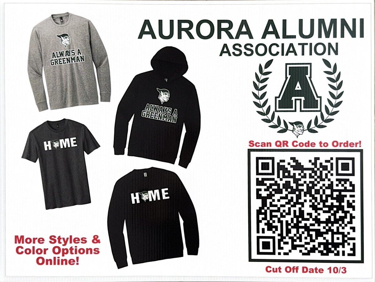 Aurora_Alumni's tweet photo. Long awaited new Alumni merch now avail! Order by 10/3. #AlwaysAGreenman #AHSAlumni
https://t.co/IGVNb6zKKZ https://t.co/Oj2sTqIAz5