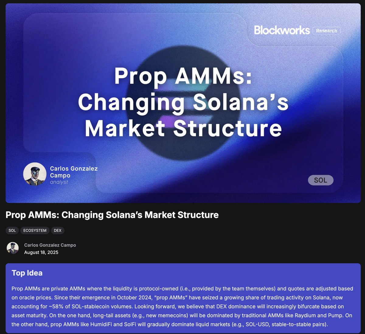 _ryanrconnor's tweet image. &quot;Looking forward, we believe that DEX dominance will increasingly bifurcate based on asset maturity.&quot;

Now, prop AMMs account for over 50% of Solana DEX volume