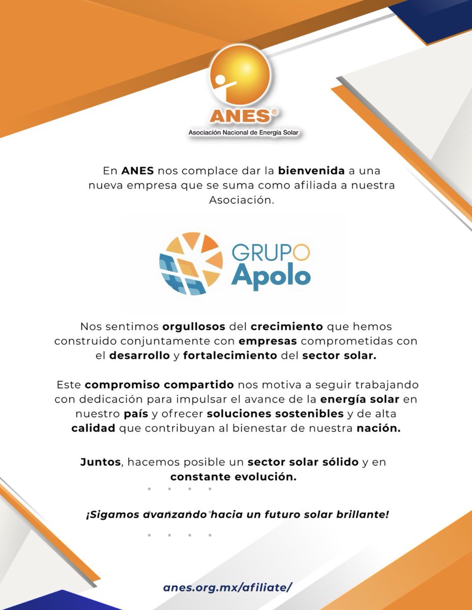 anes_oficial's tweet photo. 🔆 En ANES damos la bienvenida a Grupo Apolo como nuevo afiliado.
Juntos fortalecemos el sector solar en México 🌍⚡

🤝 ¡Bienvenidos!
🔗 https://t.co/a4TcMD9AYC

#EnergíaSolar #TransiciónEnergética #MéxicoSustentable https://t.co/uB5BMoXCsA