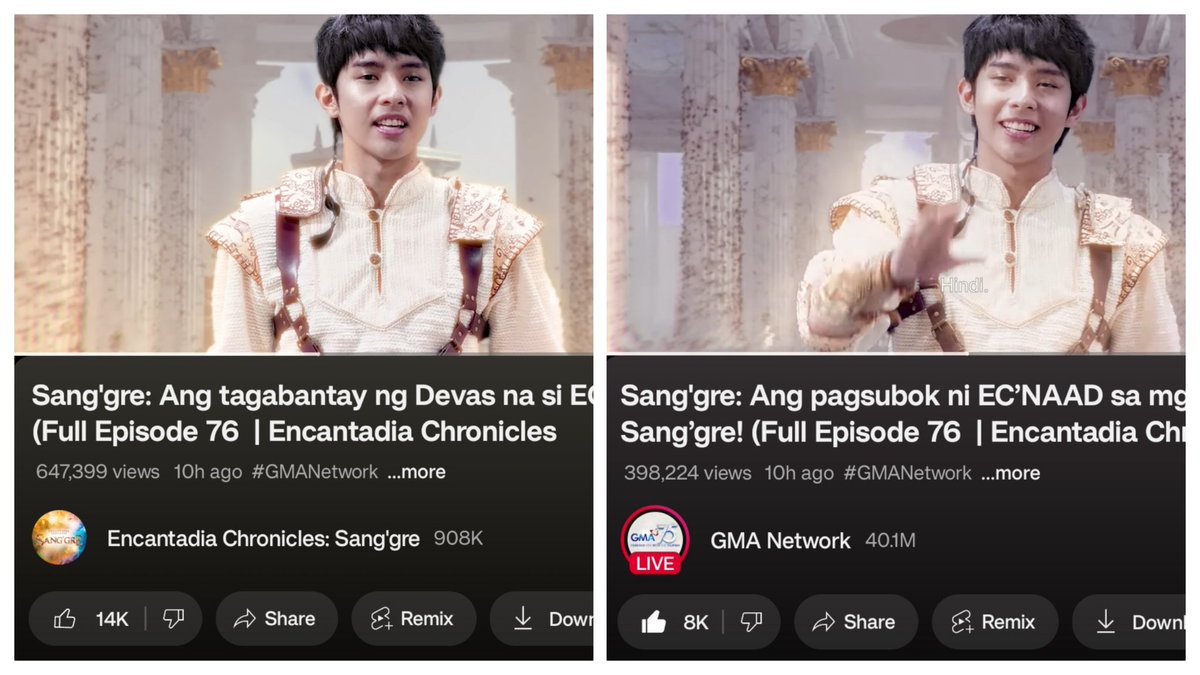 In 10 hours: (YouTube) 

*GMA Network:  
> 398,224 views and counting. 

*Encantadia Chronicles: Sang'gre 
>647,399 views and counting. 

KILALANIN SI EC'NAAD
<a href="/justintdedios/">justin</a> #justin
#EncantaJAH #JustinBilangEcnaad
#SanggresMeetEcnaad
