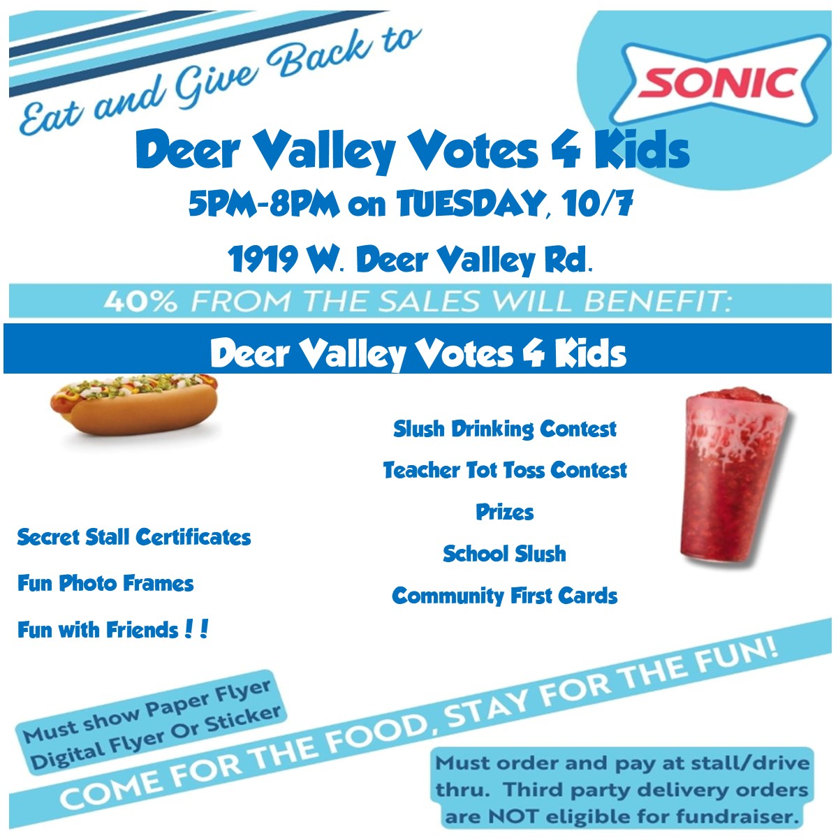 DVVotes4Kids's tweet photo. 🍔🥤 Join us at Sonic next week! 40% of sales go to Deer Valley Votes 4 Kids when you show the flyer (stall, drive-thru &amp; app orders count!).

Don’t forget to try the Patriot Punch 🇺🇸—Cherry + Blue Raspberry + Nerds!

Invite friends &amp; support our schools! ❤️ https://t.co/E1RjVIf7cf