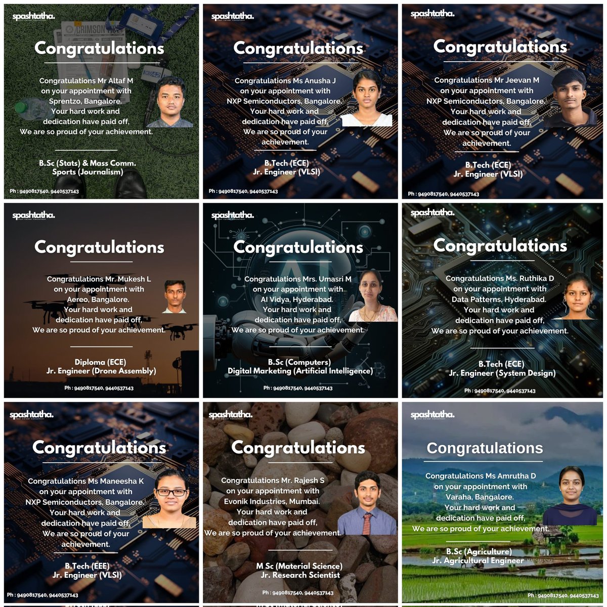 Spashtatha's tweet image. Spashtatha:
Sept&apos;25 Placement Progress Card:
🔥🔥🔥
1. BTech(ECE) -Aerospace &amp;amp; VLSI (3)
2. BTech(EEE) - VLSI
3.Diploma(ECE) - Drones/UAV
4.BSc(Statistics)-Sports
5.BSc (Computers)-AI
7. BSc (Agriculture) -Agritech
#స్పష్టత
#SpashtathaReview