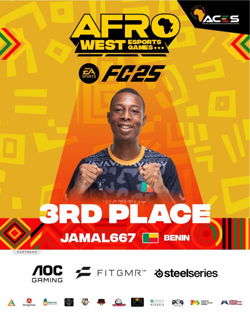 Le Bénin décroche la 3ᵉ place lors de la toute première édition des Afro West Esport Games, organisée par la Confédération Africaine des Sports Électroniques, dans le jeu EAFC25.
Une véritable consécration pour Jamal Marino AÏSSI, qui n’a ménagé aucun effort pour défendre avec