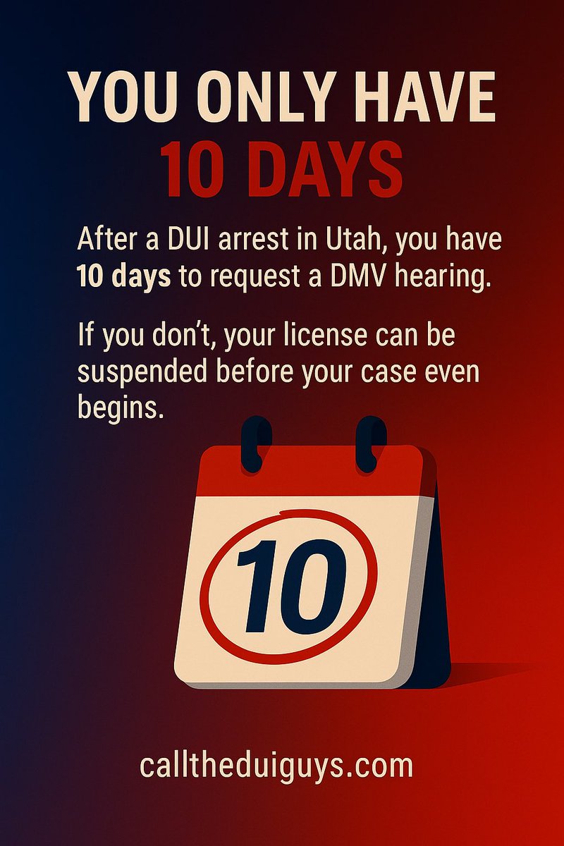 calltheDUIguy's tweet image. ⏰ After a DUI arrest in Utah, you only have 10 days to request a DMV hearing. Miss it, and your license could be suspended before your case even starts.
Don’t wait — protect your license and your future.
📞 calltheduiguys.com
#UtahLaw #DUIDefense #LegalHelp