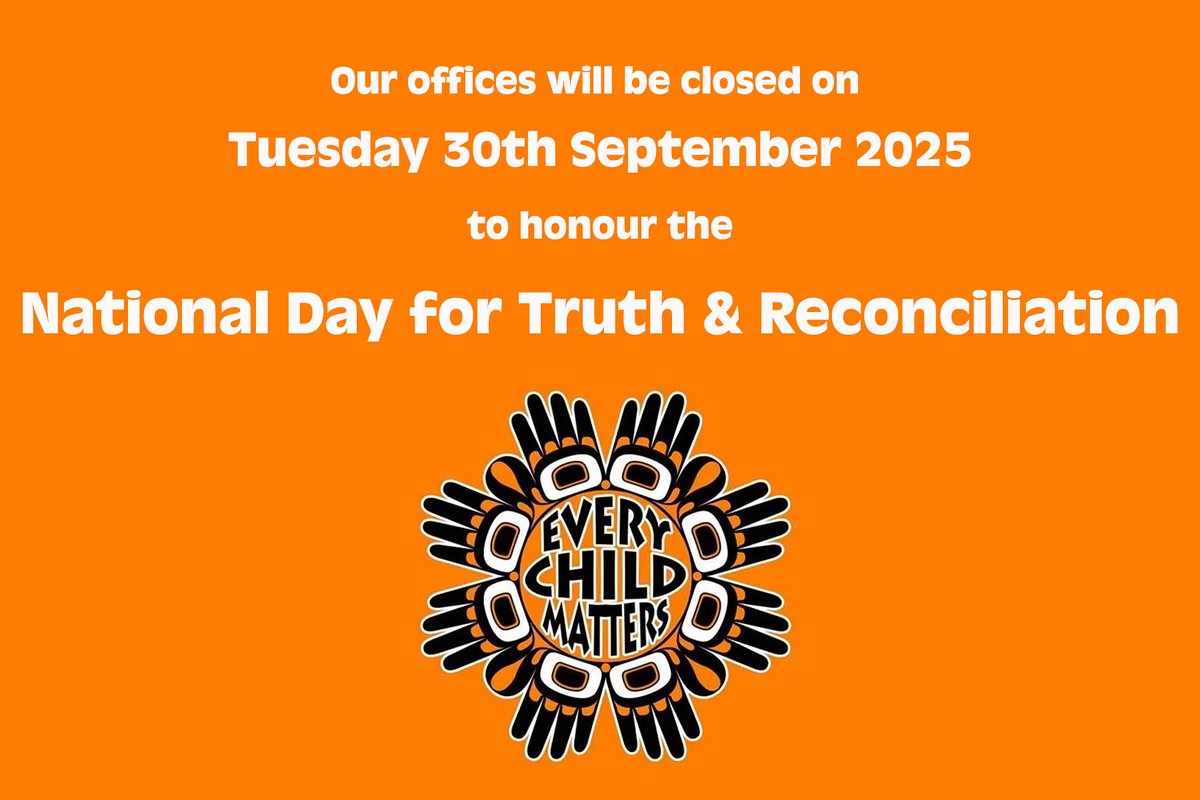 TRRecordsMgmt's tweet photo. Please note that our offices will be closed for the duration of Tuesday 30th September, 2025, to honour the National Day of Truth &amp; Reconciliation and, as such, our response times may be delayed.

We will resume regular operations on Wednesday 1st October, 2025. https://t.co/EbU8UAaYHB