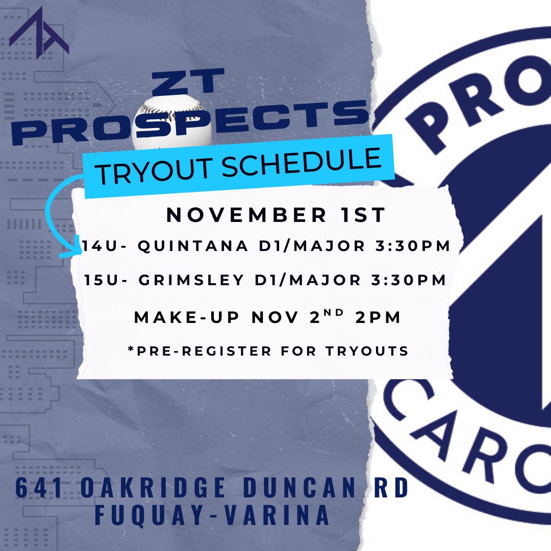 ZT Prospects Carolina (@ztprospectsnc) on Twitter photo Pre-register at the link below to secure your spot at tryouts. All players who are selected to the 2026 roster will begin off-season team workouts the week of 11/9. <a href="/CoachGlenn2018/">Coach Glenn</a> <a href="/PaulZehr3/">ZT prospects NC</a> <a href="/ZT_BaseballClub/">ZT Baseball Club</a> <a href="/ZTBProspects/">ZT Baseball Club</a> <a href="/PrepBaseballNC/">Prep Baseball North Carolina</a> 
docs.google.com/forms/d/18Gk_T… Pre-register at the link below to secure your spot at tryouts. All players who are selected to the 2026 roster will begin off-season team workouts the week of 11/9. <a href="/CoachGlenn2018/">Coach Glenn</a> <a href="/PaulZehr3/">ZT prospects NC</a> <a href="/ZT_BaseballClub/">ZT Baseball Club</a> <a href="/ZTBProspects/">ZT Baseball Club</a> <a href="/PrepBaseballNC/">Prep Baseball North Carolina</a> 
docs.google.com/forms/d/18Gk_T…