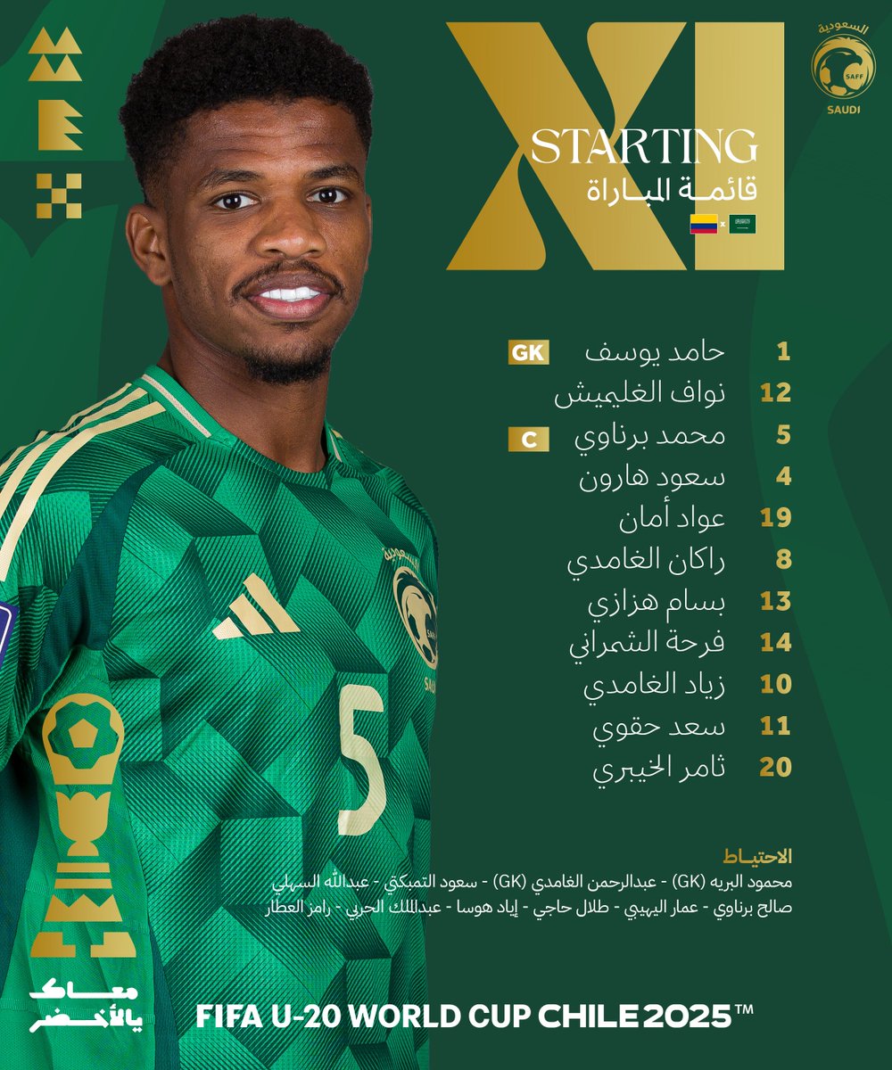 تشكيلة السعودية لـمواجهة كولومبيا ضمن منافسات كأس العالم تحت 20 عام 📋

• "حامد الشنقيطي، محمد برناوي" — ضمن التشكيلة الأساسية